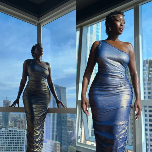 Ombré Blue Gold Mesh Layer Dress