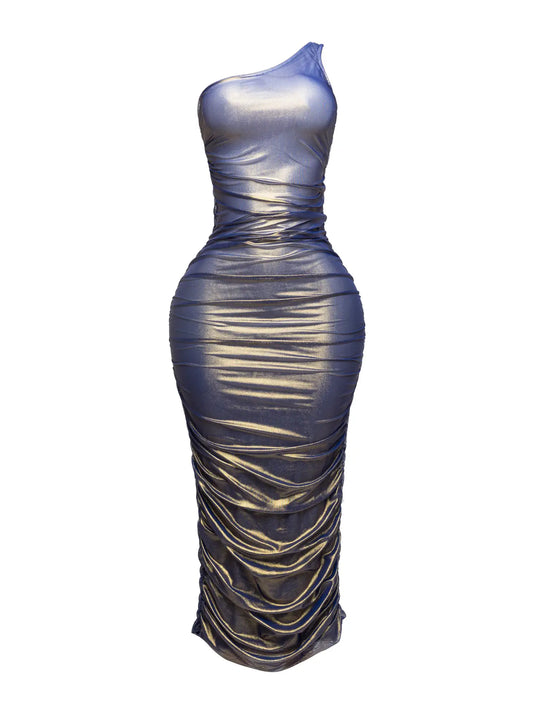 Ombré Blue Gold Mesh Layer Dress